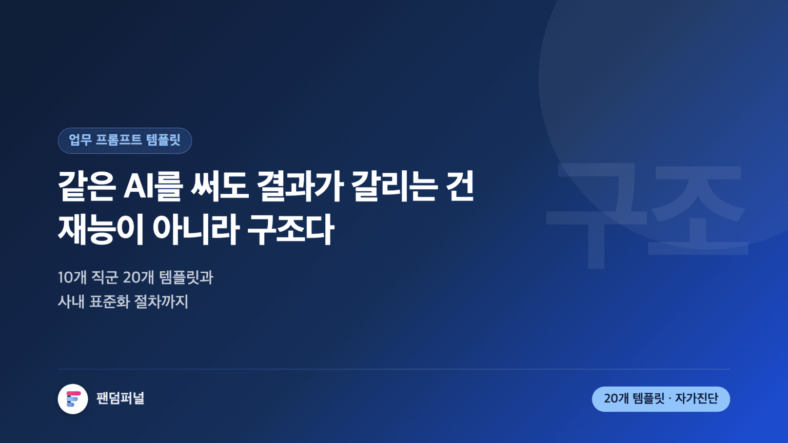 업무 프롬프트 템플릿을 주제로 한 썸네일. 같은 AI를 써도 결과가 갈리는 이유는 재능이 아니라 지시문의 구조라는 문구와 10개 직군 20개 템플릿, 사내 표준화 절차 안내가 담겨 있다.