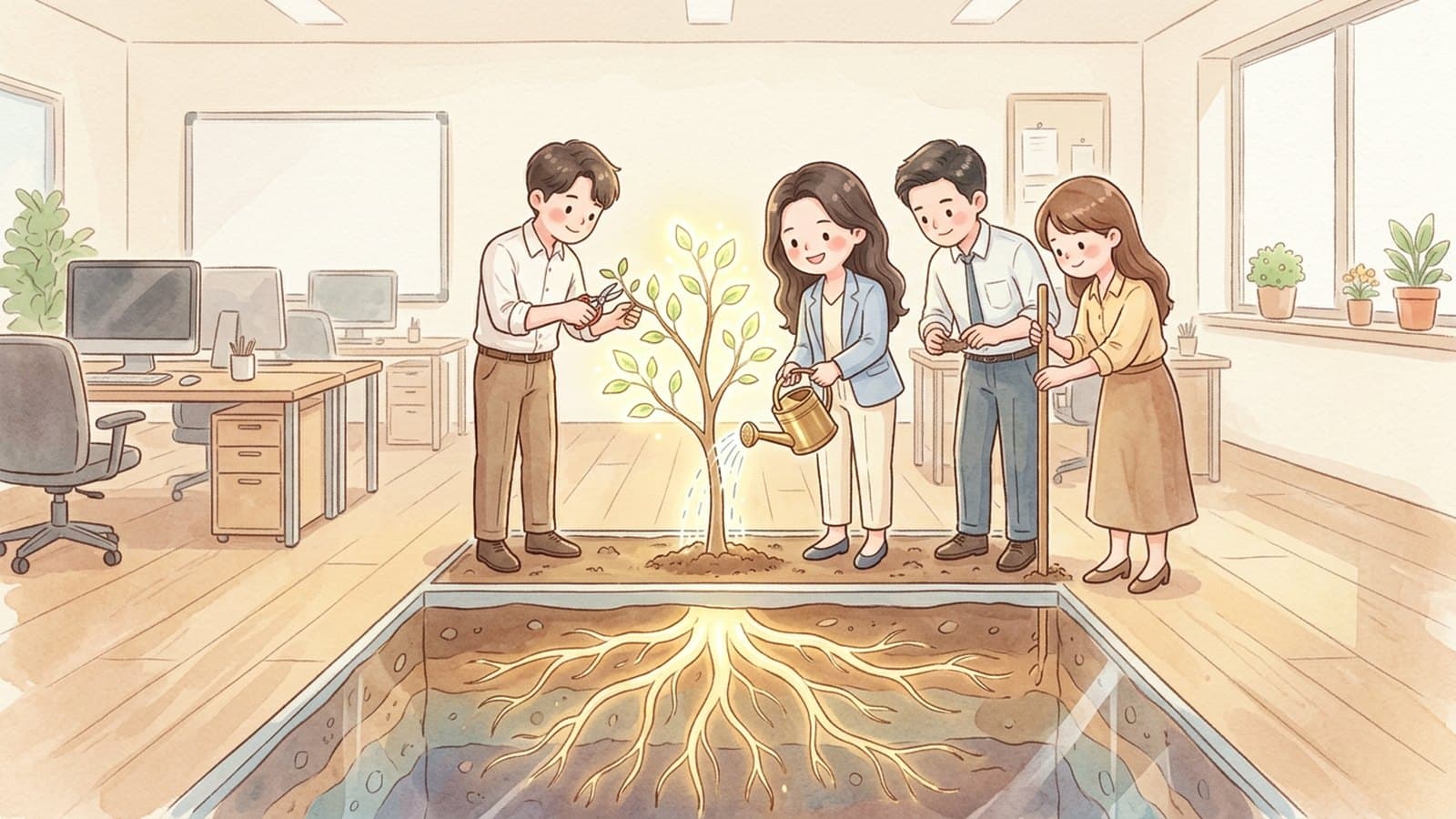 사무실에 뿌리내린 나무를 팀이 함께 돌보는 장면 — 조직에 정착하는 교육