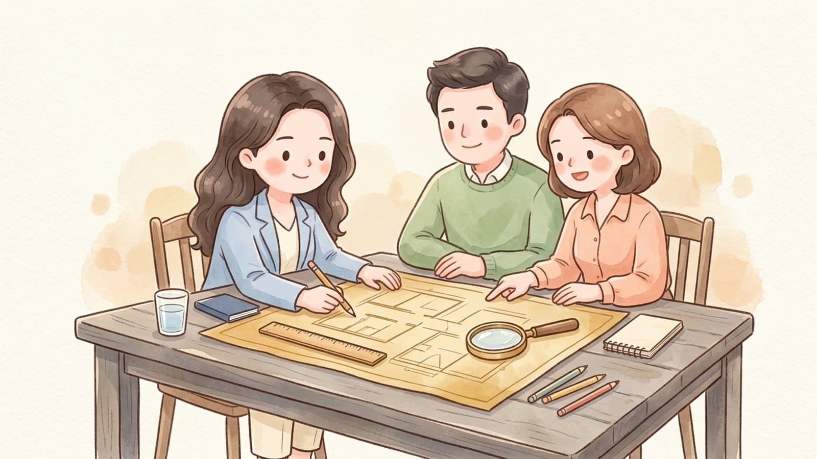 설계도 테이블에서 고객과 함께 맞춤 계획을 그리는 장면
