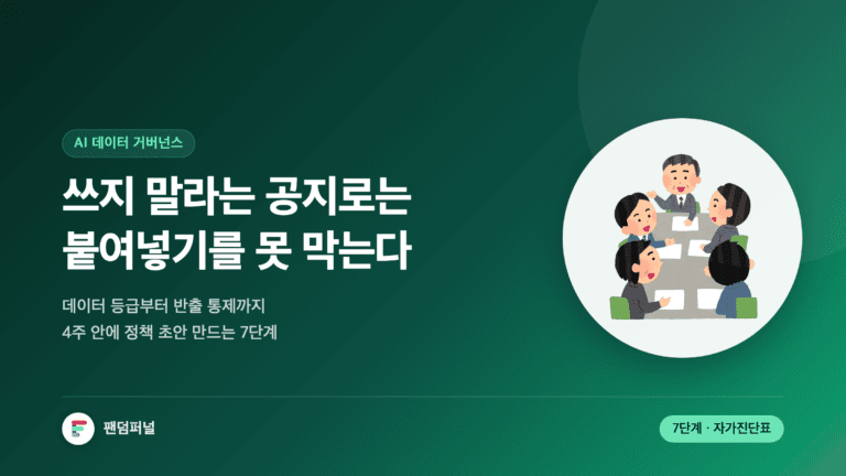 AI 데이터 거버넌스 구축을 주제로 한 썸네일. 금지 공지만으로는 프롬프트 창을 통한 데이터 유출을 막지 못한다는 문구와 함께, 데이터 등급 분류부터 반출 통제까지 4주 실행 7단계 로드맵과 성숙도 자가진단표를 제공한다는 안