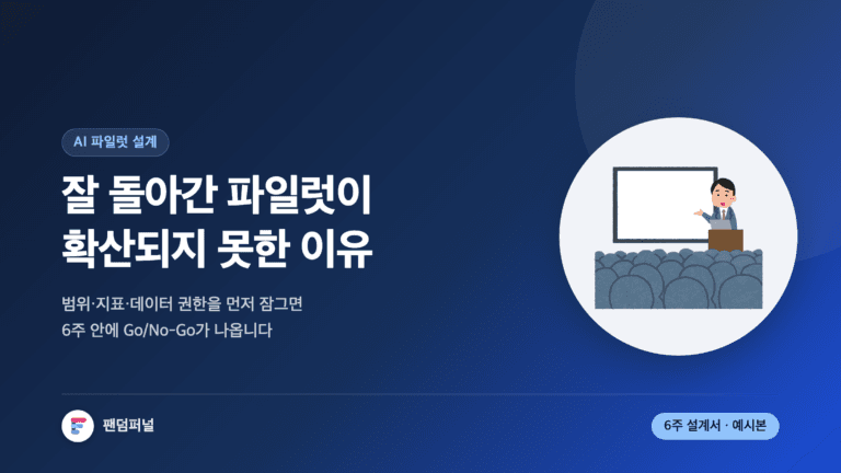 AI 파일럿 프로젝트 설계를 다룬 썸네일. '잘 돌아간 파일럿이 확산되지 못한 이유'라는 문구와 6주 안에 Go/No-Go를 판정하는 기준을 안내하는 부제가 보인다.