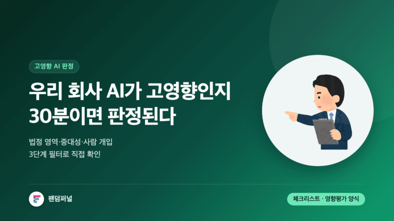 고영향 AI 리스크 평가를 30분 만에 자가진단하는 방법을 알리는 썸네일. 큰 글씨로 '판정'이 배경에 깔리고, 법정 영역·중대성·사람 개입 3단계 필터와 영향평가 양식 제공을 안내한다.