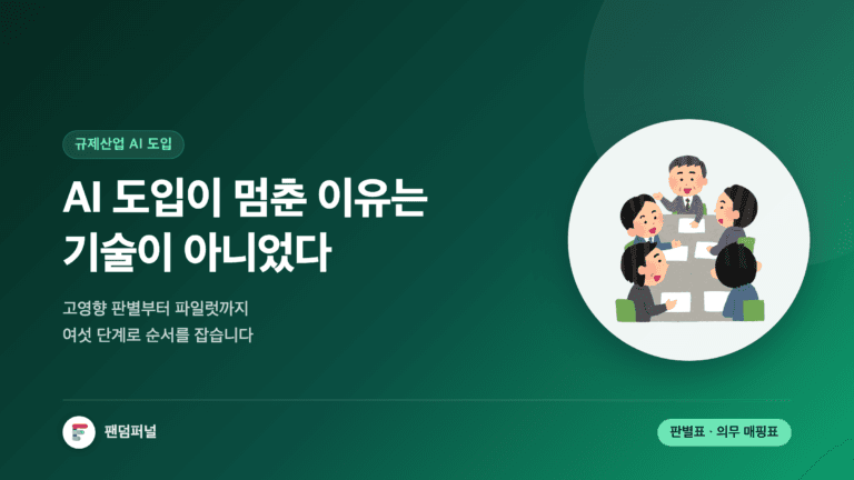 규제산업 AI 도입을 주제로 한 썸네일. '기술이 아니었다'는 문구와 함께 고영향 판별표와 산업별 규제기관 의무 매핑 자료를 안내하는 이미지.